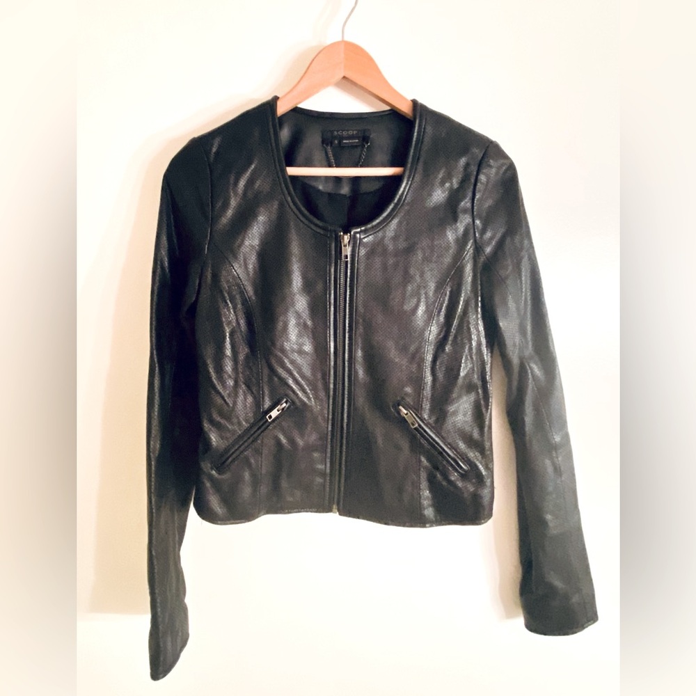 Fitted perforated genuine leather scoop neck moto jacket